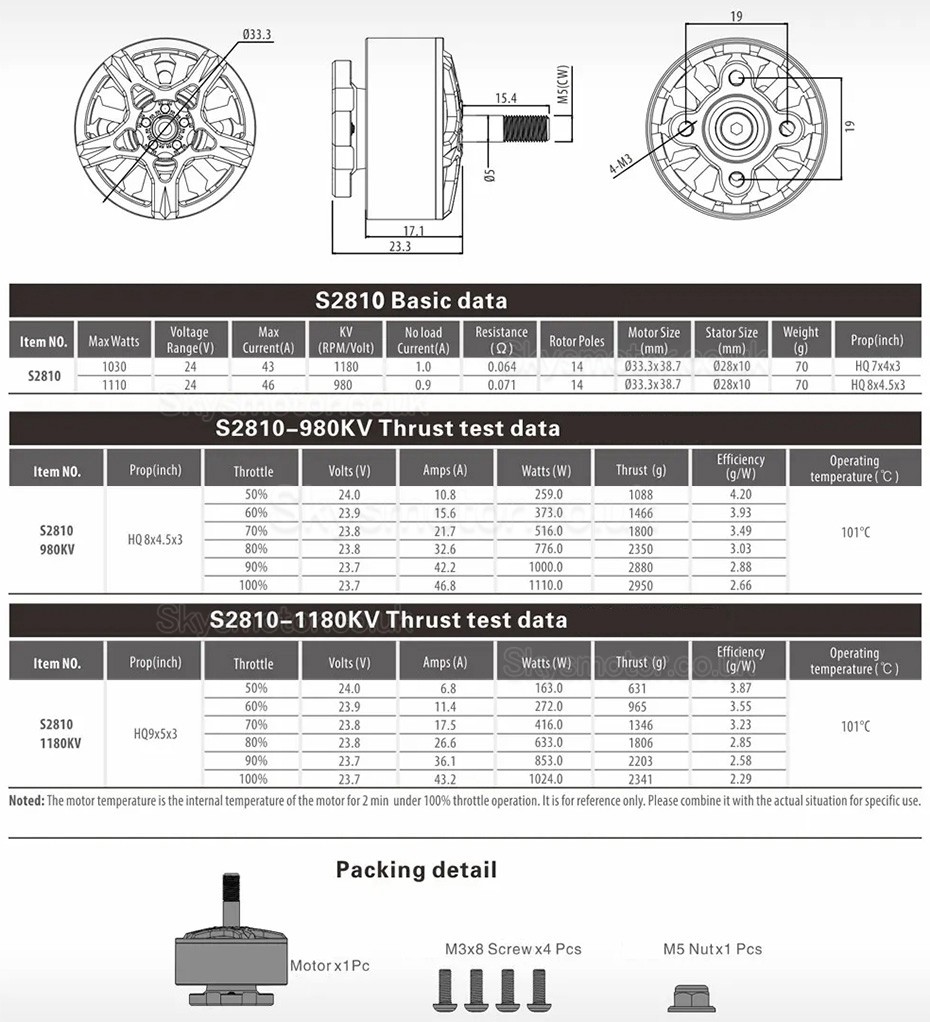 Surpass Hobby S2810 1180KV /980KV Brushless Drone Motor (compatible HQ8 x4.5 x3/HQ9x5x3) for FPV RC Airplanes